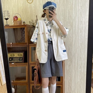 三件套馬甲襯衫闊腿褲夏季日系套裝女學生韓版寬鬆復古風