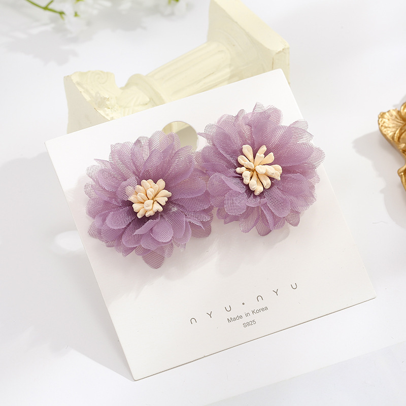 Amily飾品 925銀針法式複古少女夢幻紫色梔子花耳釘雪紡大花花耳環耳夾f267 蝦皮購物