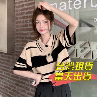 夏季新款百搭寬鬆短袖復古條紋POLO短款T恤上衣女翻領針織衫