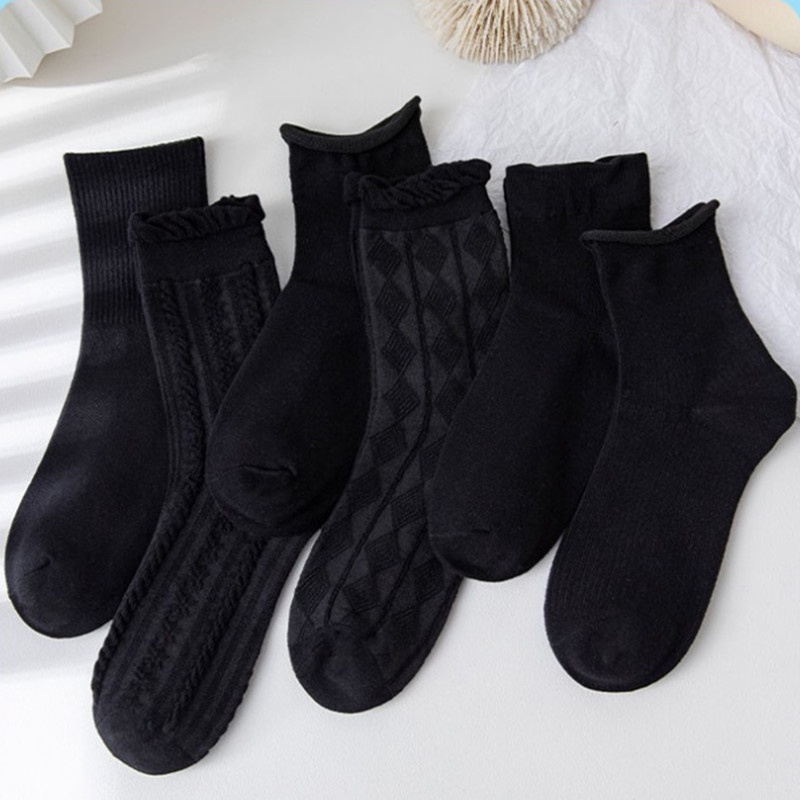 KAFU 黑色襪子女中筒襪花邊可愛日系棉jk襪制服潮ins洛麗塔堆堆襪