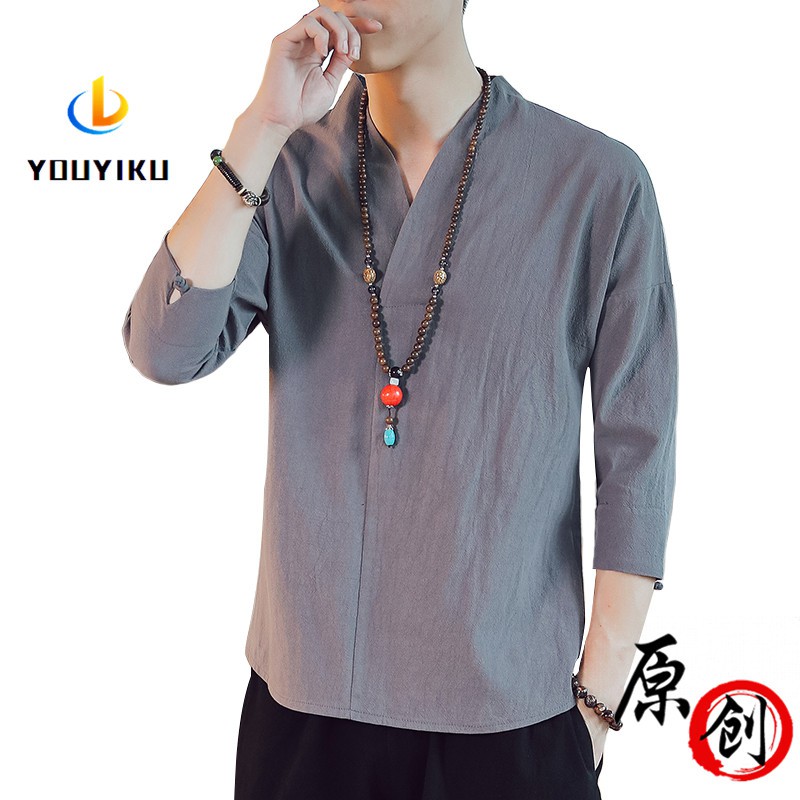 夏季中國風亞麻七分袖t恤男棉麻短袖休閒t恤中式禪服七分袖襯衫潮流男裝上衣男裝棉麻短袖t恤大碼v領七分袖