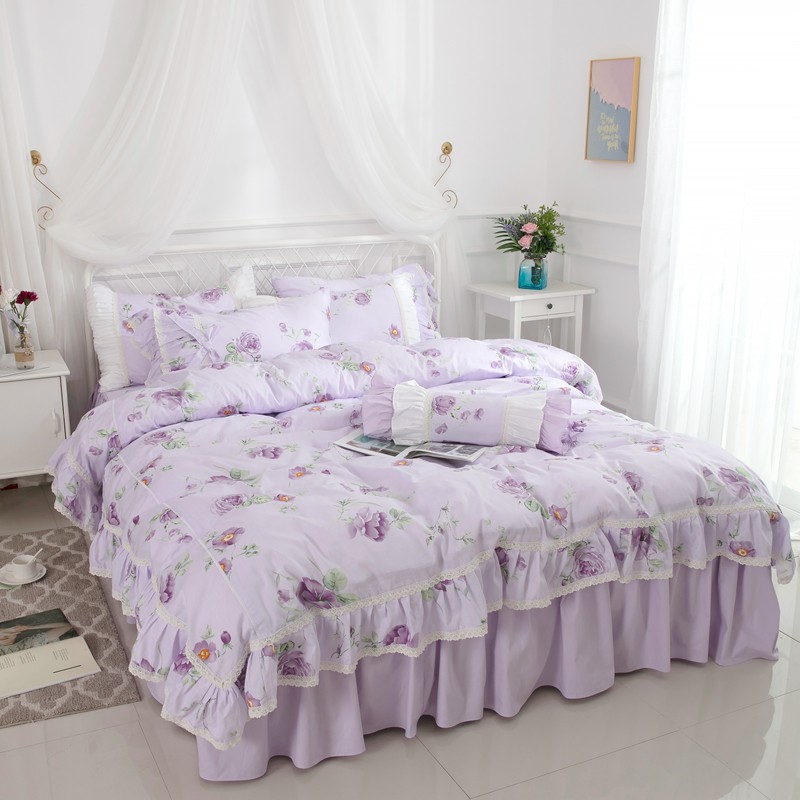 公主床罩 花棲 紫色 加大床罩 標準雙人 薄床罩四件組 公主床裙 蕾絲 薄紗 荷葉邊 床裙組 床罩組 台灣賣家 台灣出貨