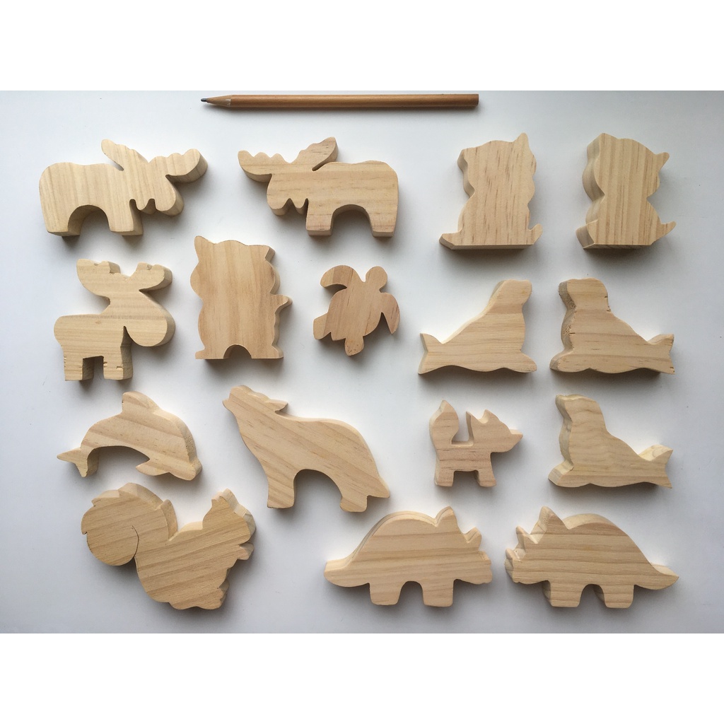原木松木 動物造型小木塊16個 _Decoupage蝶古巴特拼貼_彩繪木器