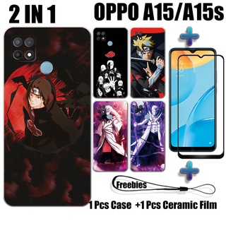 2 合 1 Naruto 手機殼帶鋼化玻璃,適用於 OPPO A15 A15s 手機殼和曲面陶瓷螢幕保護膜