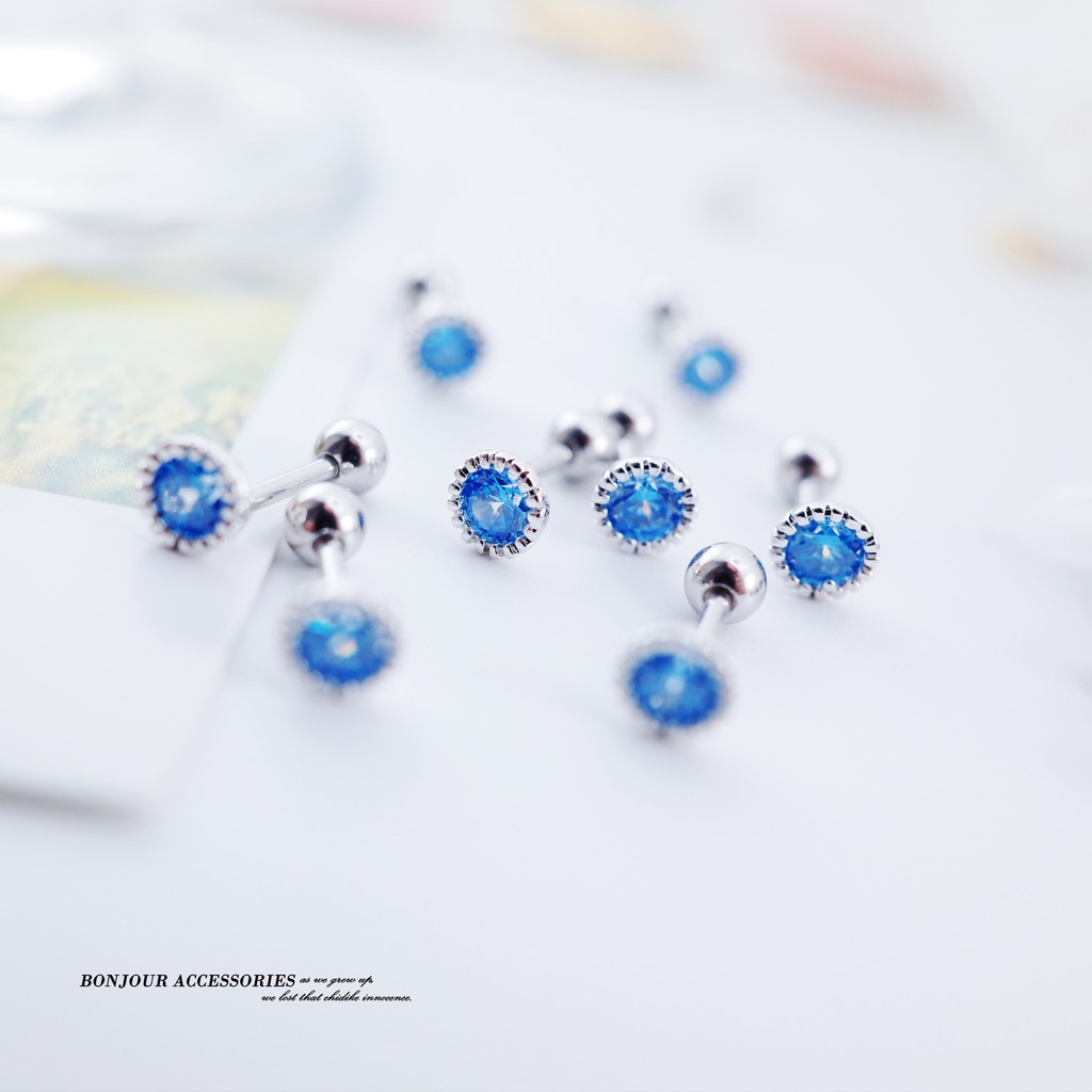 韓國316L鋼針單鑽藍 耳環  【Bonjouracc】