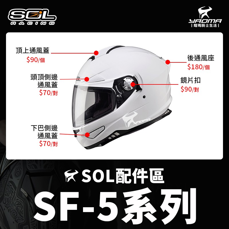 SOL SF-5 原廠配件 通風 配件 鏡片扣 基座 通風蓋 嘴部通風蓋 頂上通風 側邊推蓋 SF5 耀瑪騎士