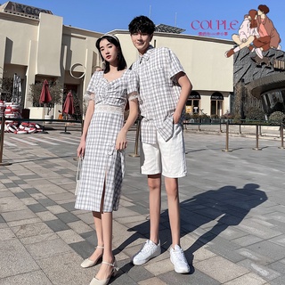 【COUPLE】💧💧夏情侶裝氣質收腰蕾絲旗袍裙女中長款連衣裙男格子短袖襯衣