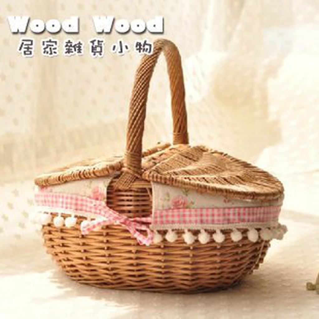 ☆Wood Wood【WZ147】Zakka 居家 韓國外銷款公主系玫瑰格紋印花棉麻珠手提柳編野結婚喜宴餐籃收納籃-預購