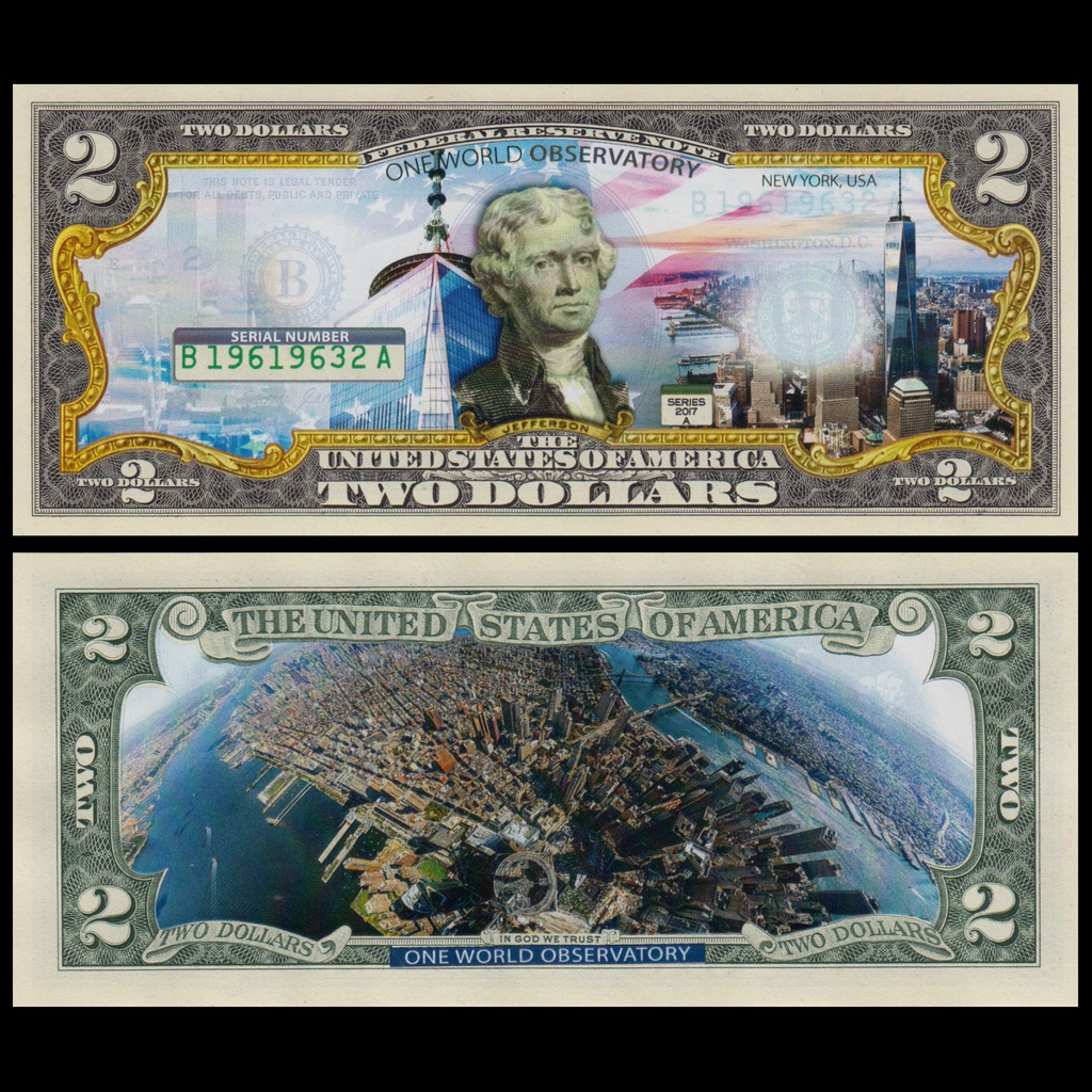 麥擱問阿 彩色版真鈔 美國世貿中心 觀景台 2美元 地球 紐約 大樓 美國 美金美元 混合塑料 鈔票 美國 非現行流通