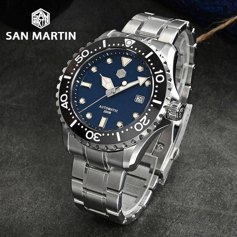 San Martin SN009-G 潛水錶 44 毫米藍色錶盤豪華手錶男士高品質復古自動機械不銹鋼 BGW9 Lum