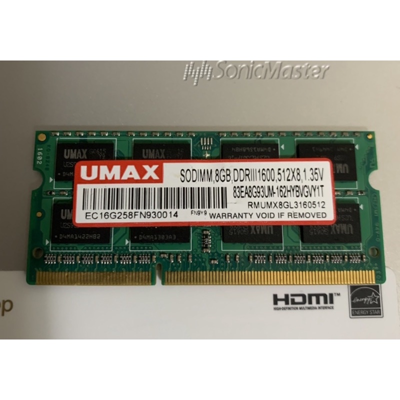 二手良品 UMAX 優美克斯 筆記型記憶體 DDR3L 1600 8G NB RAM雙面顆粒