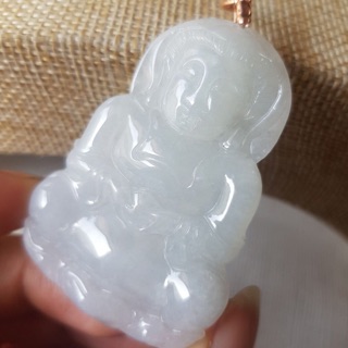 373緬甸天然A貨翡翠水潤放光冰糯種白底青精雕厚裝冰透水頭好種水佳大慈大悲菩薩「觀音」膠感坐姿掛件項鍊玉墜胸墜附銀墜頭