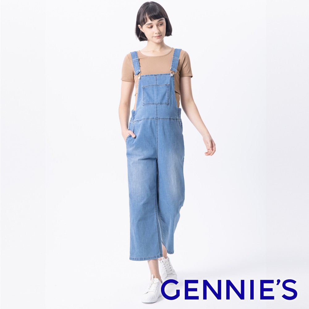 【Gennies 奇妮】率性寬版吊帶孕婦牛仔褲-藍(TJL02)
