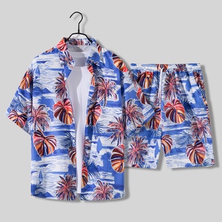 休閒套裝短袖花襯衫情侶旅行度假裝男士寬鬆夏威夷沙灘褲中褲