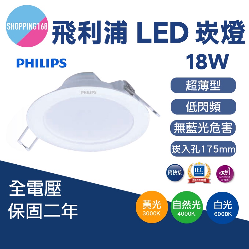 飛利浦 Philips 18W LED 崁燈 嵌燈 17.5cm 超薄型 平面 崁燈 全電壓 黃光 白光 自然光