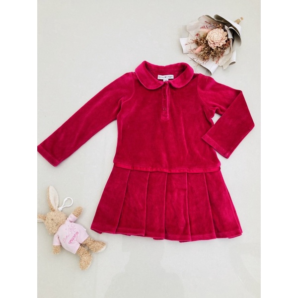 二手 美國TOMMY HILFIGER 女童裝 亮麗桃紅色 質感絨布 學院百褶 短裙 連身裙 秋冬保暖 洋裝 免運