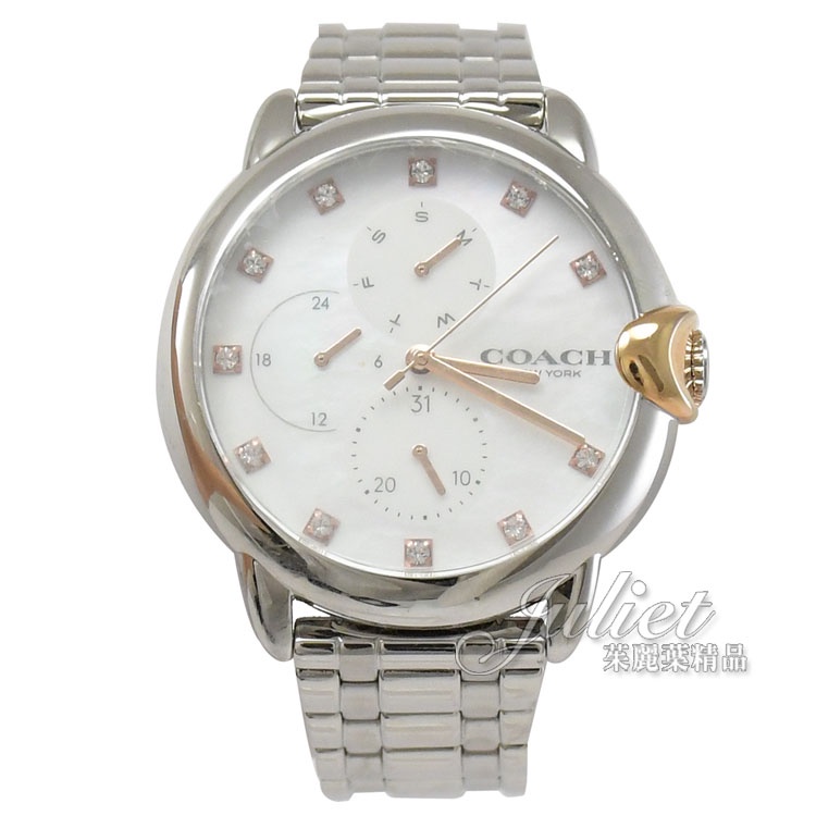 【茱麗葉精品】COACH 14503680 ARDEN 三眼晶鑽珍珠貝時尚腕錶.銀 38mm 現貨在台