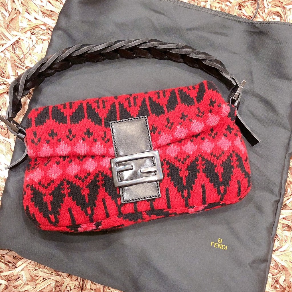 FENDI 芬迪 針織紅 皮革 專櫃正品 手提包 側背包 編織包
