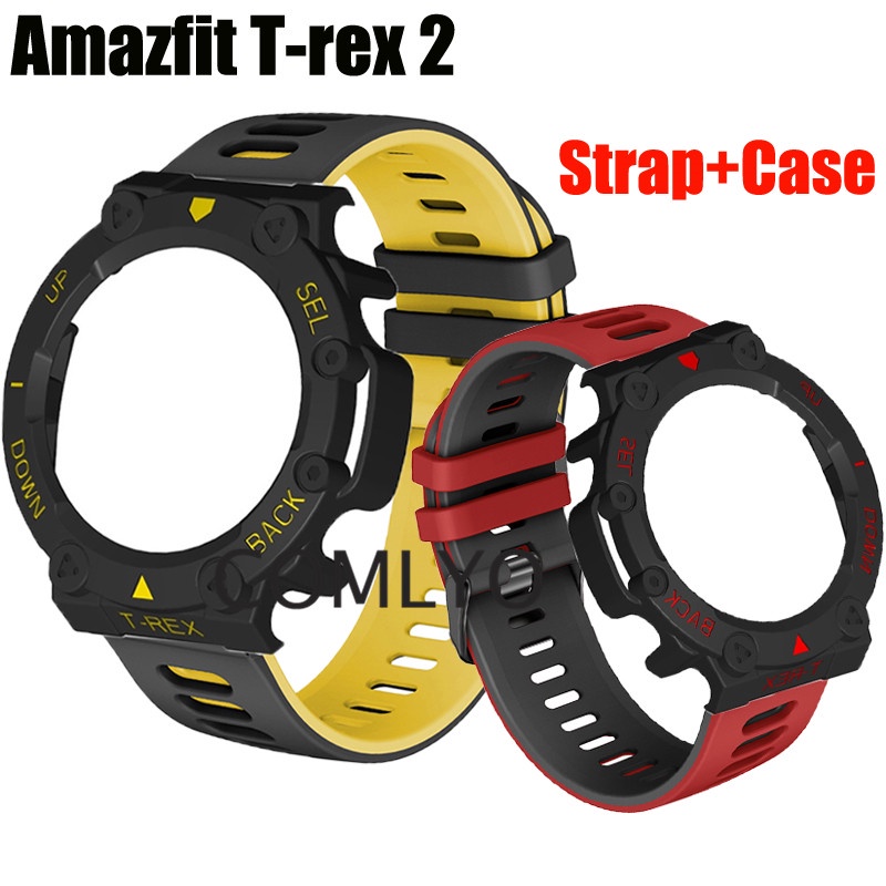 適用於 Amazfit T-Rex 2 保護套 PC 硬質保險槓保護套矽膠錶帶手鍊帶屏幕保護膜 T Rex 2 貼膜