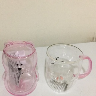 星巴克玉兔把手雙層玻璃杯、粉Bearista造型雙層玻璃杯