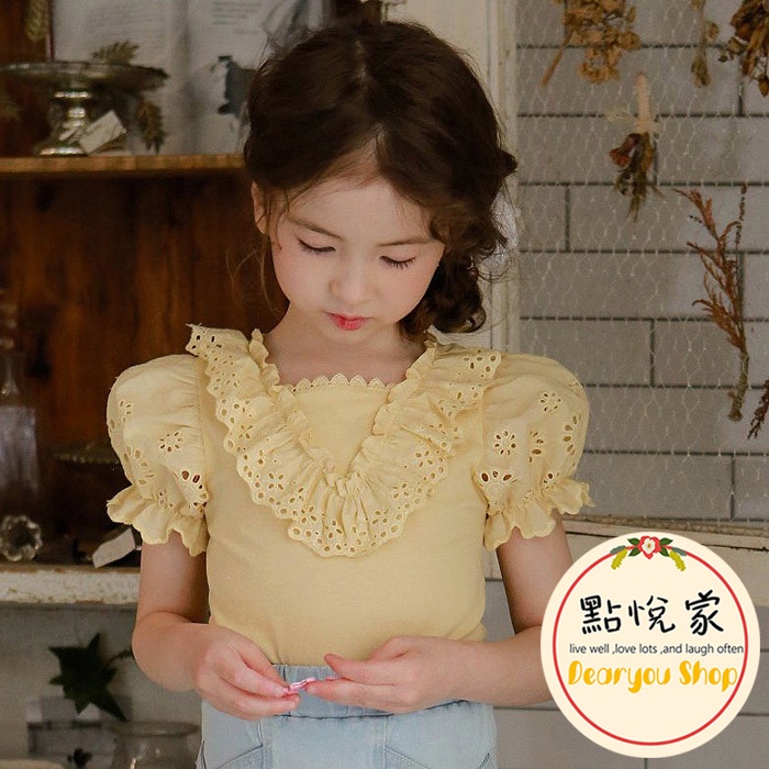 【FLO】 韓國童裝 胸前抓皺鏤空小花公主袖上衣 短袖 女童 童裝 正品