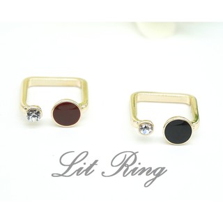 【Lit Ring】方形圓面鑲鑽開口戒指。金色 個性 不對稱 幾何 圓形 紅色 黑色 鑲嵌水鑽 戒指 飾品 禮物 首飾