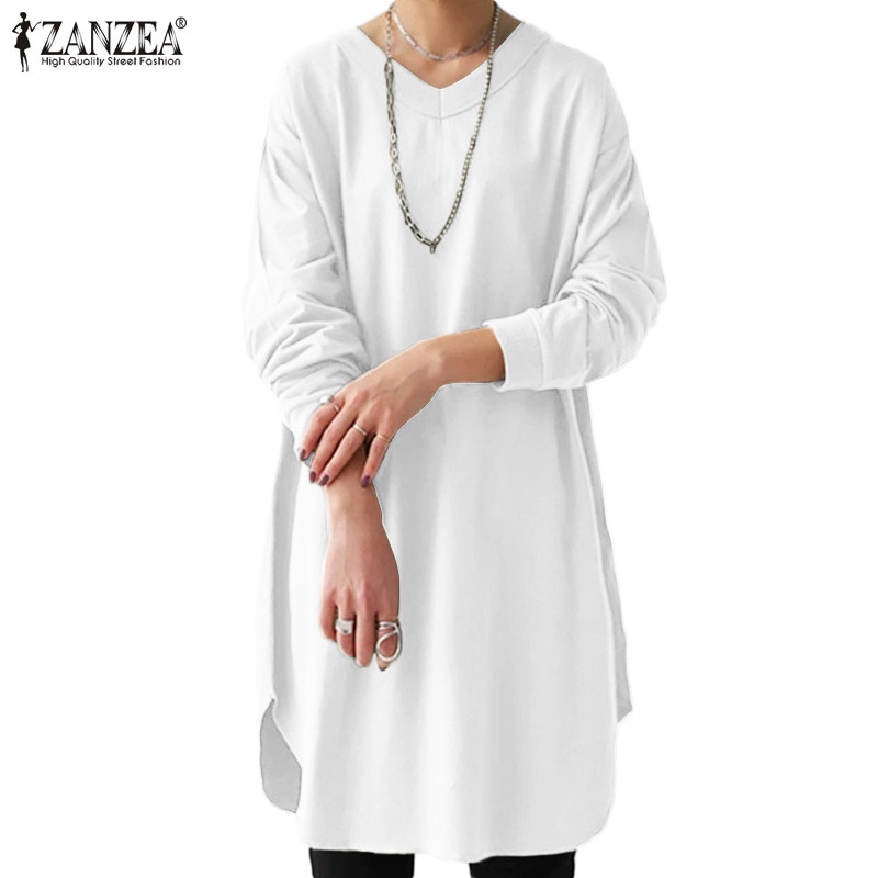 ZANZEA 女式時尚 V 領純色休閒寬鬆全袖上衣