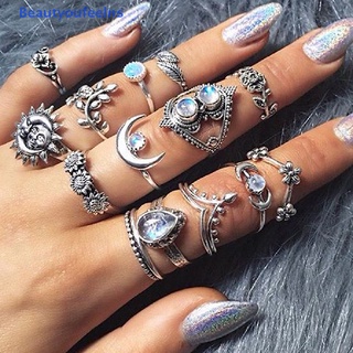 [Beautyoufeelns] 14 件/套 Boho Stack 水晶花月亮太陽指節戒指中號指環