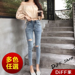 【DIFF】韓版高腰顯瘦彈性破洞牛仔褲 九分褲 褲子 長褲 休閒褲 女裝 牛仔長褲【P134】