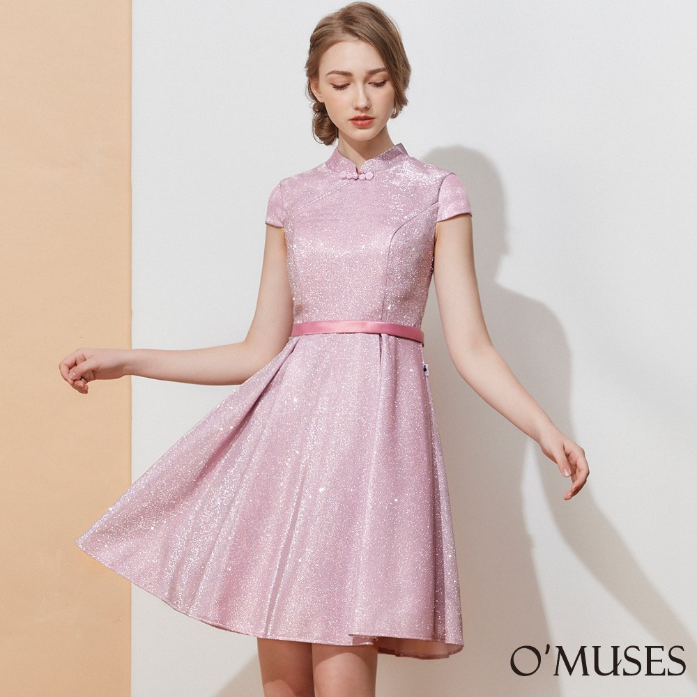 【OMUSES】金蔥旗袍伴娘訂製粉色短禮服7-2047