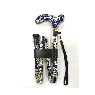 【海夫健康生活館】來可Yeker 鋁合金 楓木轉印手把 折疊花紋拐杖 藍底白花(31.5-35.5吋)