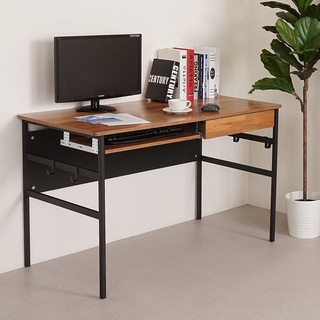 YoStyle 瑞比120cm附掛勾書桌(附鍵盤+抽屜)-柚木色 辦公桌 工作桌 書桌 電腦桌
