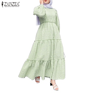 Zanzea 女士休閒泡泡袖時尚網格鞦韆娃娃裝穆斯林連衣裙