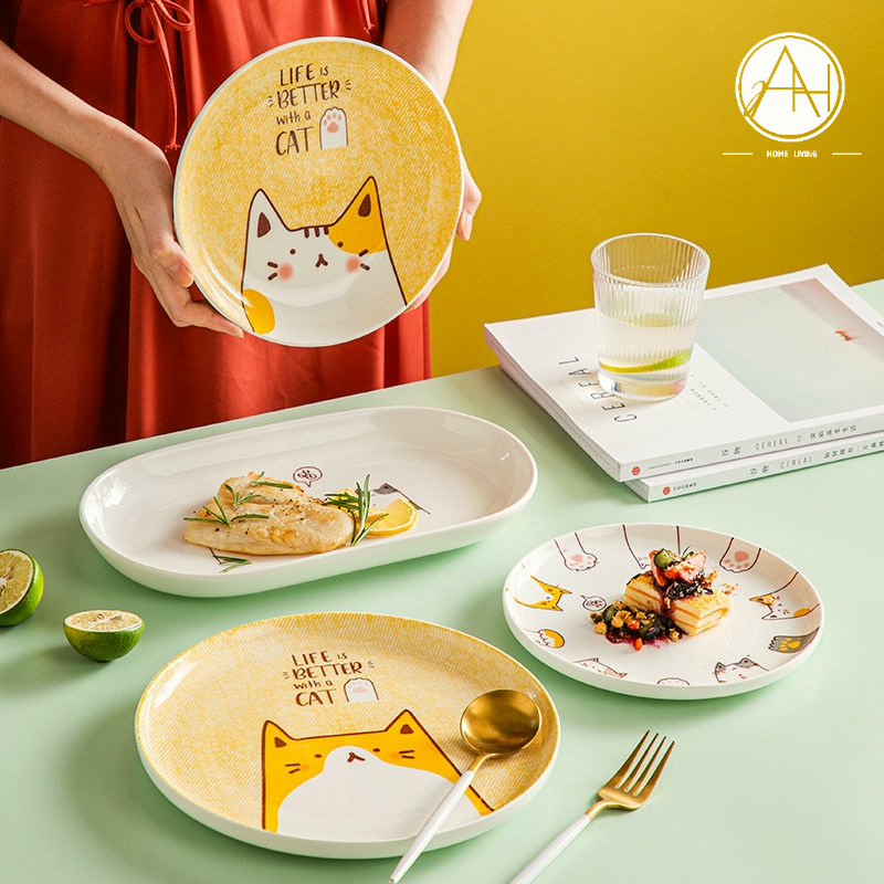 「滿額免運」可愛貓咪陶瓷餐具 創意家用餐盤 魚菜碟子 卡通陶瓷盤碟組合 早餐盤 小吃盤 甜品盤 沙拉盤 水果盤