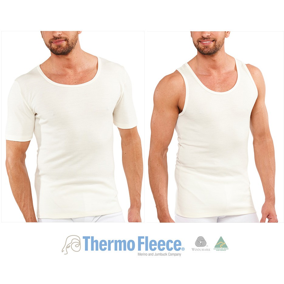【正澳洲 Thermo Fleece】暖暖現貨~ 100%美麗諾純羊毛男生厚款平織白色短袖/背心衛生衣