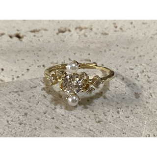 鍍k金戒指 z1108 珍珠 星球 復古 水鑽 金色戒指