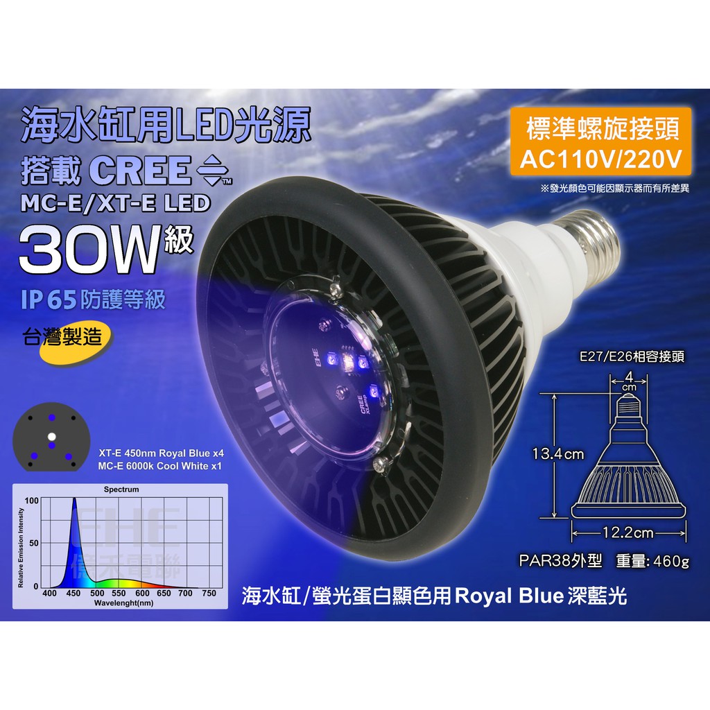 EHE】30W海水缸LED燈具(PAR燈)，E27燈泡接頭。搭載CREE XT-E深藍光、MC-E白光，適用FO缸/混養