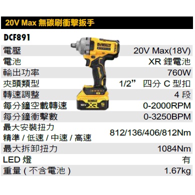 DEWALT 得偉 DCF891 20V無刷中扭衝擊扳手812Nm 空機 (含稅)