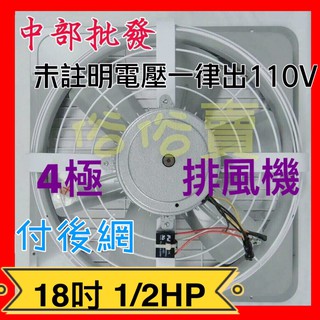 免運 餐廳 18吋 1/2HP 單相 前後保護網 換氣扇 吸排 風大 通風機 散熱扇 工業排風機 (臺灣製)四極 訂製
