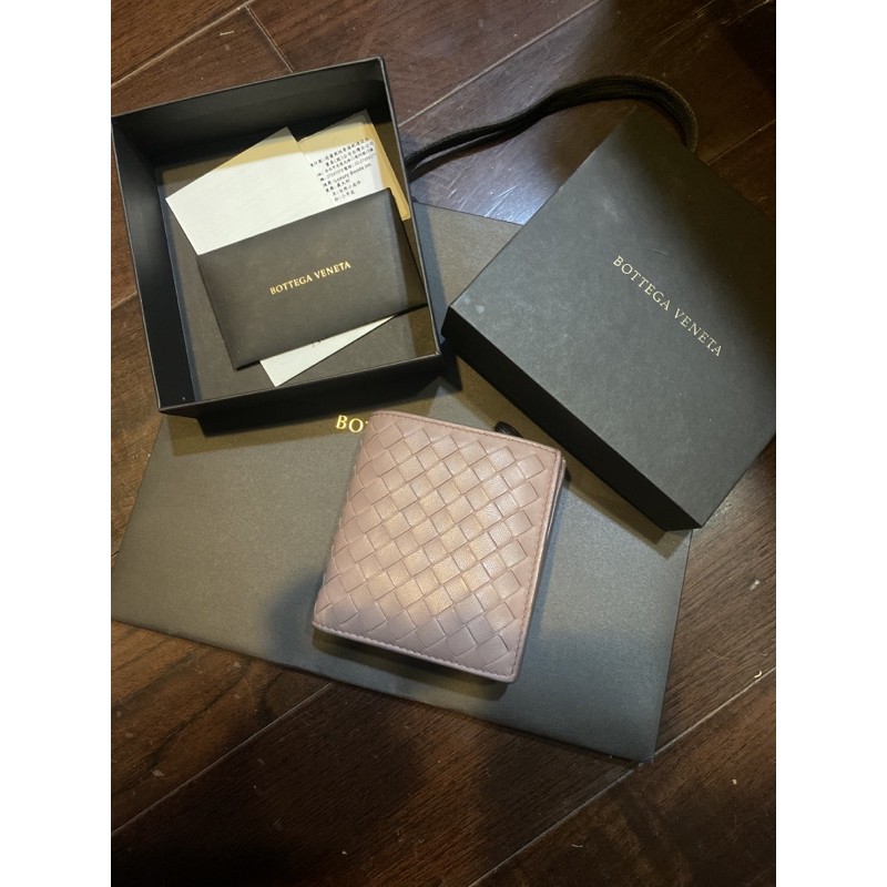 BV 精品 BOTTEGA VENETA 藕色 女用 錢包 短夾 拉鍊 皮夾 真皮 正品 二手