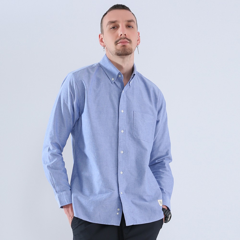 FairPlay Official 藍 長袖襯衫 純棉 修身 休閒 素面 口袋 外搭 罩衫 美牌 牛津襯衫 F/W