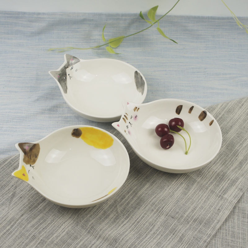 日式可愛陶瓷碗雙碗貓食盆貓耳碗 扁臉貓食碗貓糧碗貓咪沙拉碗