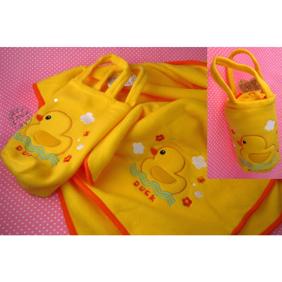 【寶貝童玩天地】【DO0561】黃色小鴨子刷毛毯附收納手提袋 特價