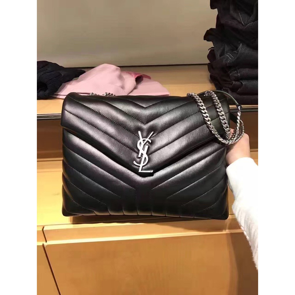 全新原廠專櫃正品saint Laurent 中款32cm 雙鏈loulou Ysl 學院包黑鏈銀鏈 蝦皮購物