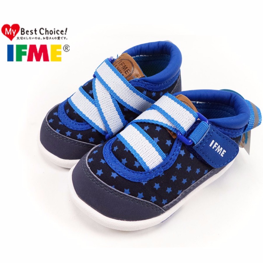 童鞋/日本IFME 透氣布面 藍底滿版星星 反光Z字帶學步鞋 寶寶鞋IF22-670166)13-14.5公分