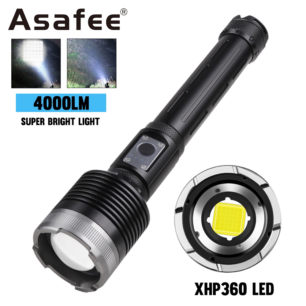 Asafee 9116B 強大的 4000LM LED 手電筒 36 芯 XHP360 變焦戰術手電筒 USB 可充電防