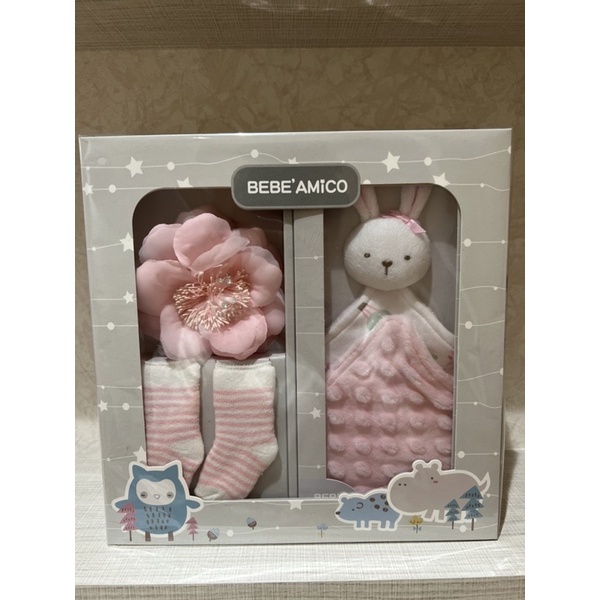 bebe Amico 童趣故事(貝貝豆)-安撫巾禮盒(+髮帶/三角圍巾)-粉色