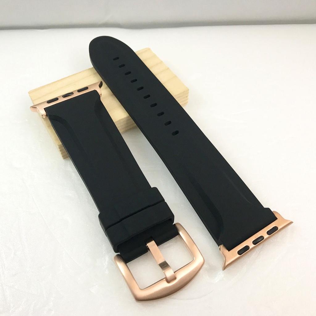Apple Watch 錶帶 黑色 厚感紮實 運動錶帶 矽膠錶帶  不鏽鋼玫瑰金針釦 玫瑰金連接器 40 44 oz