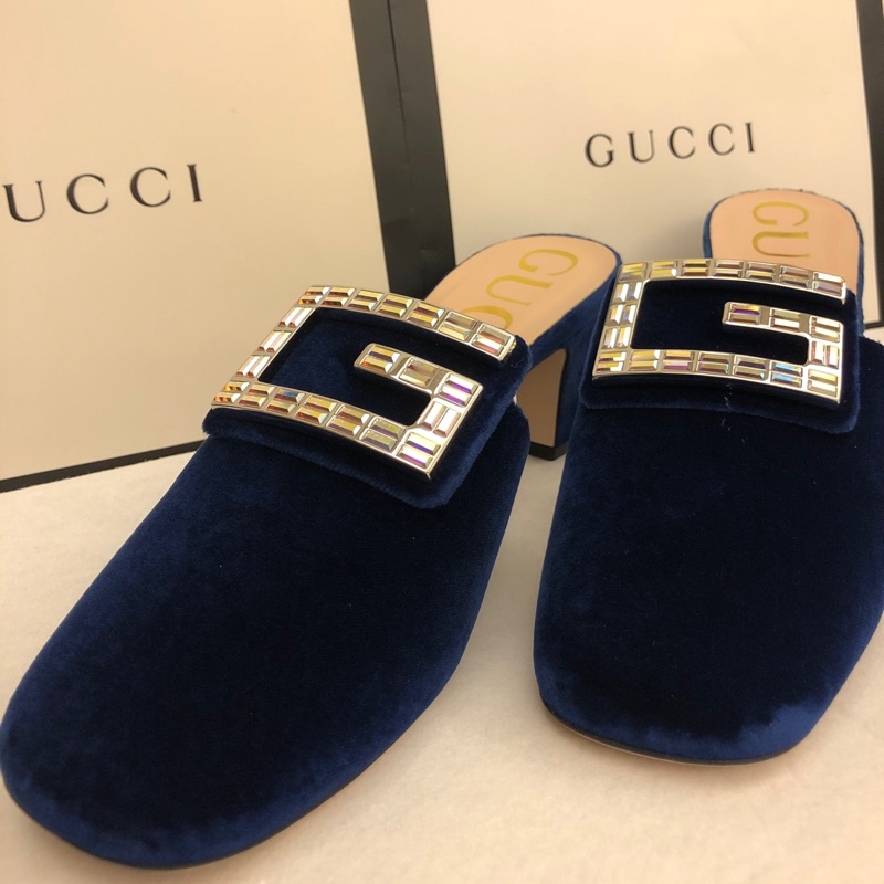 《全新正品》Gucci藍絲絨G鑽包頭鞋 拖鞋 ~39號