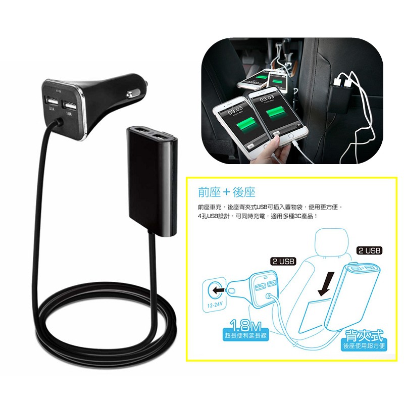 7 3a 快充車用充電器背夾式usb 4孔延長線汽車旅行休旅車大家庭結伴旅遊最佳夥伴 蝦皮購物